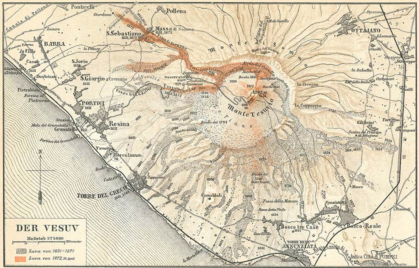 Vesuvius Eruptions, lava flows from 1631 to 26 April 1872. From Meyers Konversations-Lexikon 1885.
Click here for a Larger resolution version or click on the photograph.