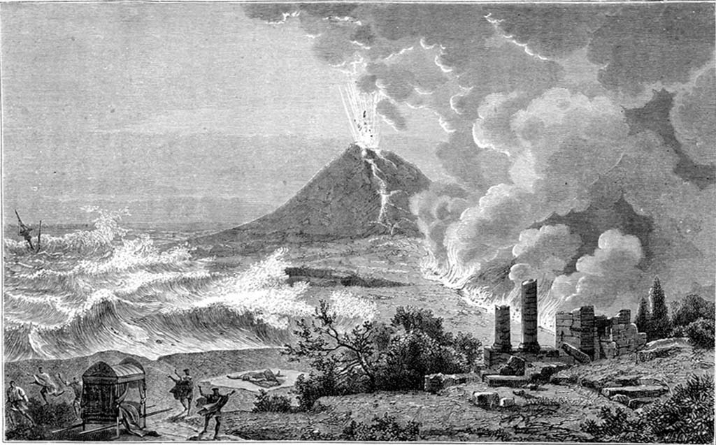 Vesuvius eruption 79 AD. « La Mort de Pline » by Jean-Édouard Dargent known as Yan Dargent, 1870.
Pliny the Elder is shown dead on the beach with an erupting Vesuvius behind.
See Rambosson J, 1883. Histoire Des Météores :Quatrième édition. Paris : Firmin-Didot, fig. 80, p. 401.