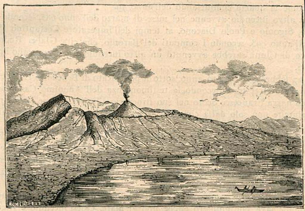 Vesuvius and the eruption of 79AD. 1880 drawing by Luigi Palmieri.
See Palmieri L., 1880. Il Vesuvio e la sua storia. Milano: Tipografia Faverio, fig. 2.
See book on E-RARA