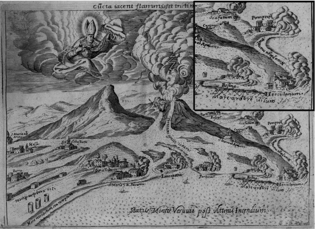 Vesuvius Eruption 1631. The coast of the Bay of Naples after the eruption.
Note the box top right which focusses on Pompeii and Herculanum, officially not discovered until 1748 and 1709.
See Mascoli, G. B. 1633. De incendio vesuvii excitato XVLJ. Napoli.
