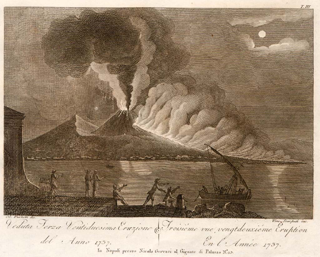 Vesuvius eruption 1737. Drawing by Odovardo Fischietti 1805, engraved by Vincenzo Scarpati.
See Della Torre, Nicola Filomarino, 1805. Raccolta di tutte le vedute che esistevano nel gabinetto del Duca Della Torre rappresentanti l'eruzioni del Monte Vesuvio fin oggi accadute. Napoli: Nicola Gervasi, Tav. III.
See book on E-RARA
