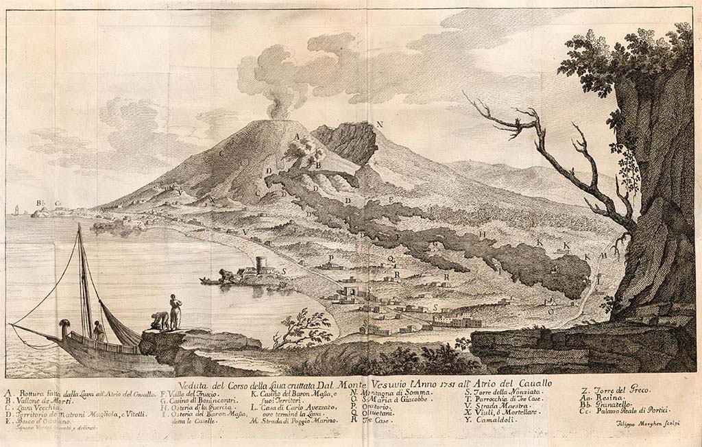 Vesuvius 1751. View by Ignazio Vernet engraved by Filippo Morghen of the course of lava flows from the 1751 eruption.
Titled “Veduta del Corso della Lava eruttata Dal Monte Vesuvio l’Anno 1751 all’Atrio del Cavallo”.
See Mecatti, Giuseppe Maria, 1752. Racconto storico-filosofico del Vesuvio e particolarmente di quanto è occorso in quest' ultima eruzione principiata il dì 25. ottobre 1751. e cessata il dì 25. febbrajo 1752. al luogo detto l'Atrio del Cavallo. Napoli: Presso di Giovanni di Simone, p. CCCCXI (=pag.Ultima).
See https://www.e-rara.ch/zut/content/pageview/7207070 for electronic version of Mecatti on E-RARA.