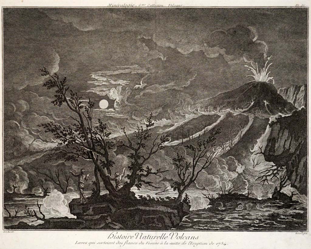 Vesuvius Eruption 1754. Lava flow on the sides of Vesuvius following the 1754 eruption.
Engraving titled Histoire Naturelle Volcans : Laves qui sortoient des flancs du Vésuve a la suitte de l'Eruption de 1754.
See Diderot & D'Alembert, 1751 to 1772. Encyclopédie, ou dictionnaire raisonné des sciences, des arts et des métiers :Minéralogie : 6me collection. France., pl. III.