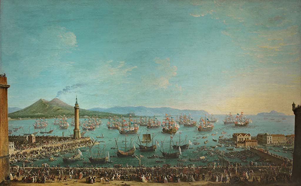 Vesuvius 1759. Partenza di Carlo III da Napoli nell’agosto 1759 per Antonio Joli.
Departure of Charles III from Naples in August 1759, with smoking Vesuvius in background. Painting by Antonio Joli.
On the death of his half-brother Ferdinand VI in 1759, who died without issue, Charles was called to succeed him on the throne of Spain.
©Museo Nacional del Prado, Madrid.