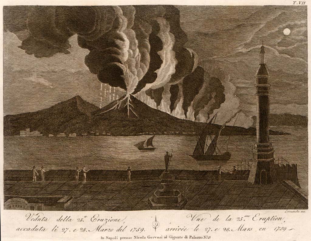Vesuvius eruption 27th and 28th March 1759. Drawing of eruption made in 1805, engraved by Lomasto.
See Della Torre, Nicola Filomarino, 1805. Raccolta di tutte le vedute che esistevano nel gabinetto del Duca Della Torre rappresentanti l'eruzioni del Monte Vesuvio fin oggi accadute. Napoli: Nicola Gervasi, Tav. VII.
See book on E-RARA