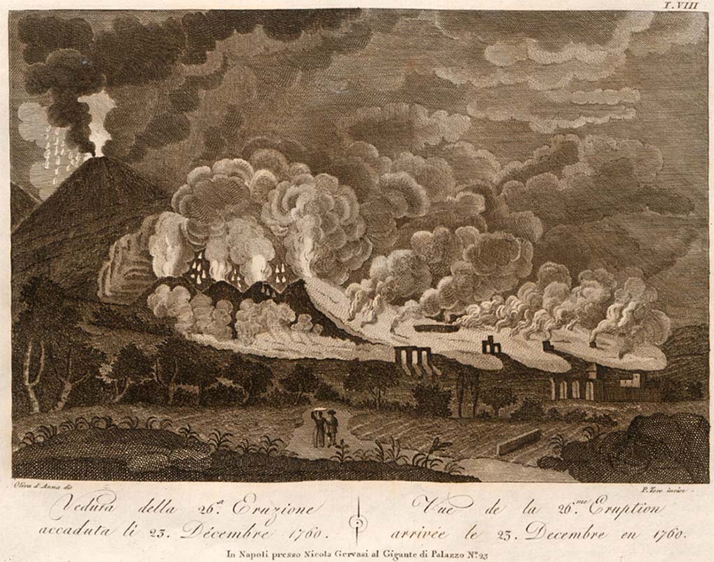 Vesuvius eruption 23rd December 1760. Drawing of eruption by Oliva d’Anna made in 1805, engraved by P. Toro.
See Della Torre, Nicola Filomarino, 1805. Raccolta di tutte le vedute che esistevano nel gabinetto del Duca Della Torre rappresentanti l'eruzioni del Monte Vesuvio fin oggi accadute. Napoli: Nicola Gervasi, Tav. VIII.
See book on E-RARA