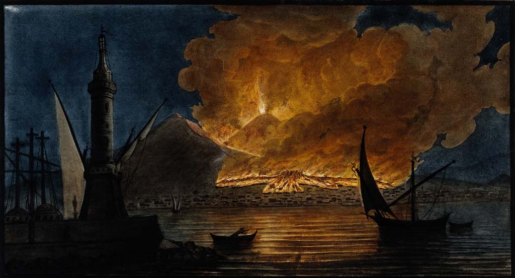 Vesuvius Eruption 1767. View of the great eruption of Vesuvius from the mole of Naples, 20th Oct 1767.
Coloured mezzotint by Pietro Fabris, 1776, after his painting, 1767.
See original on https://wellcomecollection.org/