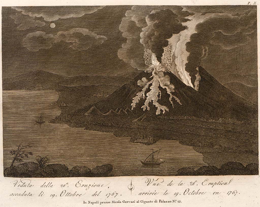 Vesuvius eruption 19th October 1767. Drawing of eruption, made in 1805.
See Della Torre, Nicola Filomarino, 1805. Raccolta di tutte le vedute che esistevano nel gabinetto del Duca Della Torre rappresentanti l'eruzioni del Monte Vesuvio fin oggi accadute. Napoli: Nicola Gervasi, Tav. X.
See book on E-RARA