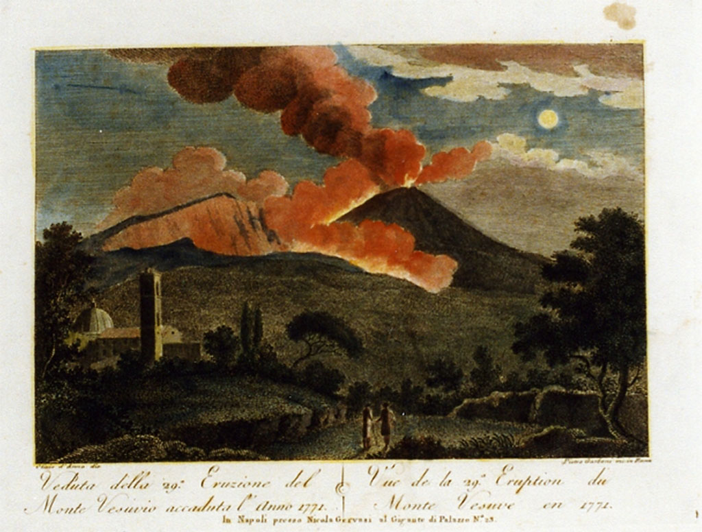 Vesuvius Eruption May 9th, 1771, with lava flowing towards Resina.
The original mono print was drawn by Olivio d’Anna and engraved by Pietro Garboni in Rome.
ICCD attribute the colour copy to Pietro Parbeni.
Now in Museo Nazionale di S.Martino. Inventory number 319955.
Photo © ICCD. http://www.catalogo.beniculturali.it
Utilizzabili alle condizioni della licenza Attribuzione - Non commerciale - Condividi allo stesso modo 2.5 Italia (CC BY-NC-SA 2.5 IT)