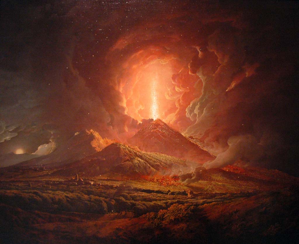 Vesuvius Eruption 1774 from Portici by Joseph Wright of Derby.
Now in Huntington Library in Pasadena, CA.