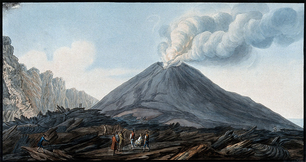 Vesuvius eruption 1776. The valley Atrio di Cavallo between Vesuvius and Somma, showing smoke emerging from Vesuvius before eruption.
Coloured etching by Pietro Fabris, 1776. Credit: Wellcome Collection. CC Attribution 4.0 International (CC BY 4.0)