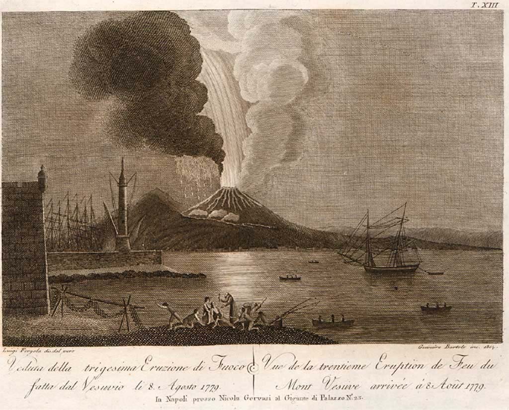 Vesuvius eruption 8th August 1779. Drawn “dal vero” by Luigi Fergola and engraved in 1804 by Gennaro Bartolo.
See Della Torre, Nicola Filomarino, 1805. Raccolta di tutte le vedute che esistevano nel gabinetto del Duca Della Torre rappresentanti l'eruzioni del Monte Vesuvio fin oggi accadute. Napoli: Nicola Gervasi, Tav. XIII.
See book on E-RARA