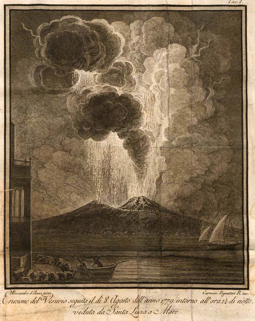 Vesuvius Eruption August 8th, 1779 from Santa Lucia al Mare. Drawn by Alessandro d’Anna engraved by Carmine Pignatari R.
See de Bottis, Gaetano, 1779. Ragionamento istorico intorno all'eruzione del Vesuvio che cominciò il dì 29 luglio dell'anno 1779 e continuò fino al giorno 15 del seguente mese di agosto. Napoli: Stamperia Reale, Tav I.
See book on E-RARA