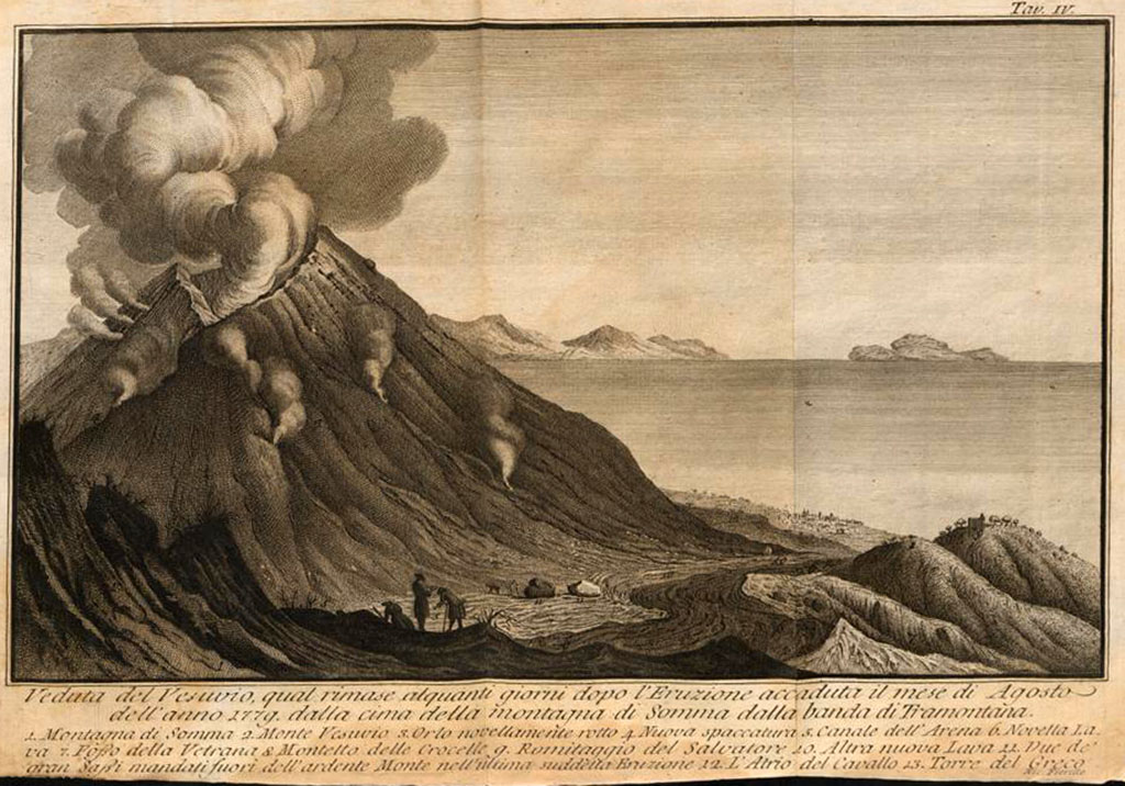 Vesuvius Eruption August 8th, 1779 from the summit of Somma to the banda di Tramontana. Drawn by Xavier (Saverio) della Gatta, engraved by Nicola Fiorillo.
See de Bottis, Gaetano, 1779. Ragionamento istorico intorno all'eruzione del Vesuvio che cominciò il dì 29 luglio dell'anno 1779 e continuò fino al giorno 15 del seguente mese di agosto. Napoli: Stamperia Reale, Tav IV.
See book on E-RARA