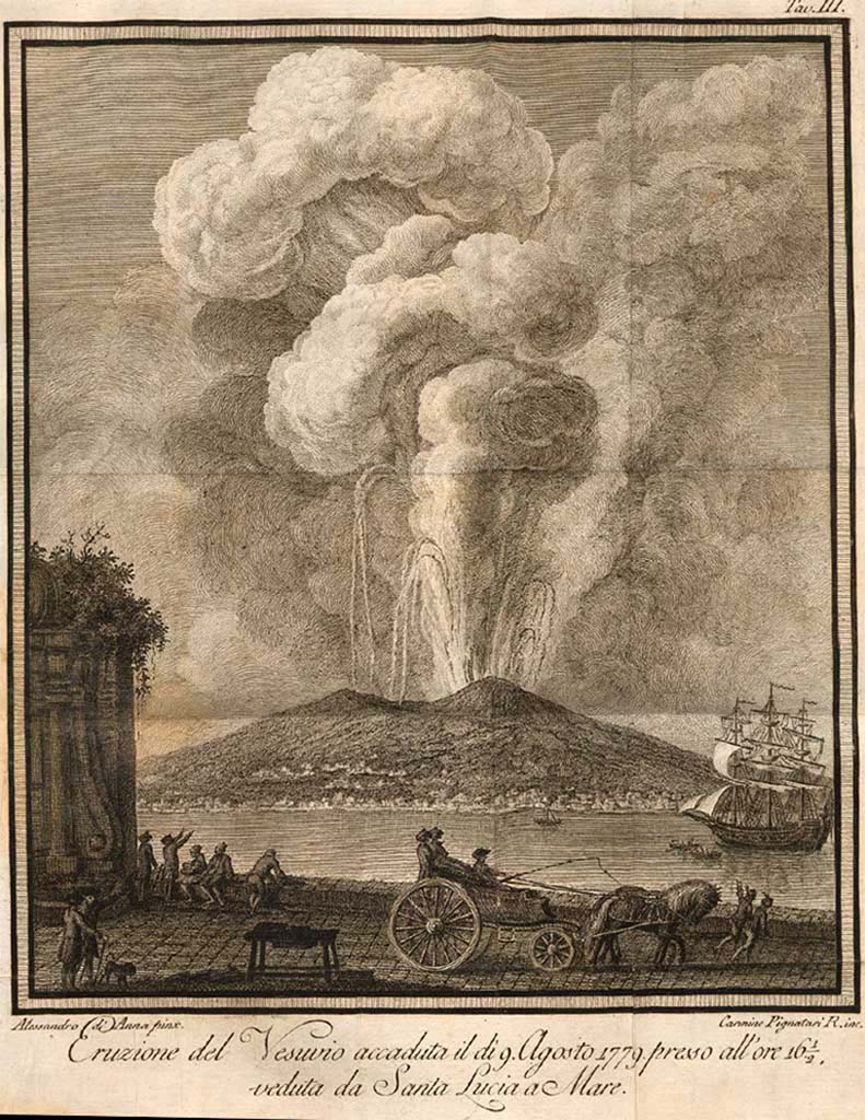 Vesuvius Eruption August 9th, 1779, 16.30 in afternoon, from Santa Lucia al Mare. Drawn by Alessandro d’Anna engraved by Carmine Pignatari R.
See de Bottis, Gaetano, 1779. Ragionamento istorico intorno all'eruzione del Vesuvio che cominciò il dì 29 luglio dell'anno 1779 e continuò fino al giorno 15 del seguente mese di agosto. Napoli: Stamperia Reale, Tav III.
See book on E-RARA