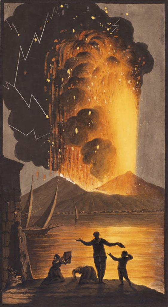 Vesuvius Eruption 1779 The eruption of Mount Vesuvius in the night of 8th August 1779.
Coloured etching by Sir William Hamilton and Pietro Fabris, 1779.
See Hamilton, Sir W. 1779. Campi phlegræi. Observations on the volcanoes of the Two Sicilies as they have been communicated to the Royal Society by Sir William Hamilton. Vol. III, pl. II.