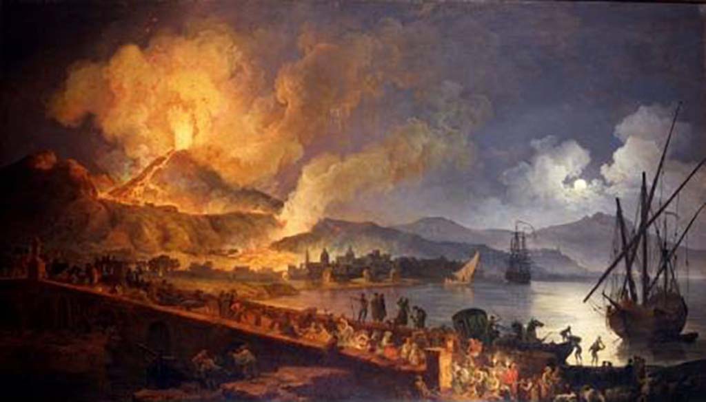 Vesuvius Eruption 1782-90. Eruzione del Vesuvio dal ponte della Maddalena by P. J. Antoine Volaire.
Eruption of Vesuvius from the Bridge of La Maddalena by P. J. Antoine Volaire.
Oil painting on canvas. Now in the Museo di San Martino, Napoli.