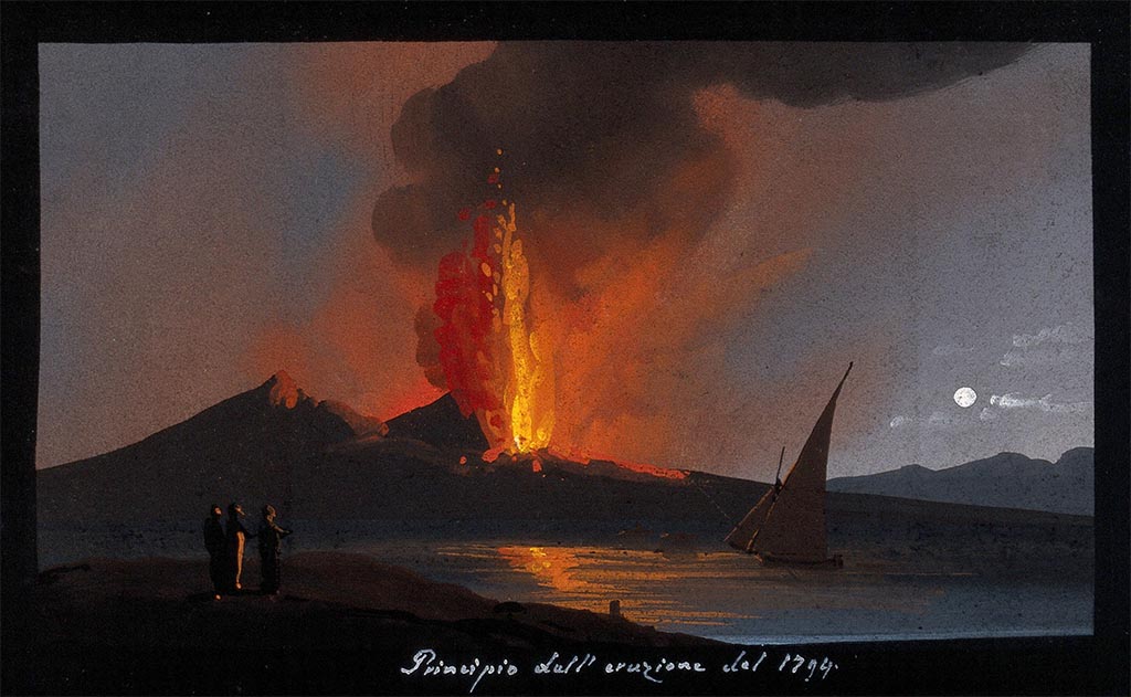 Vesuvius Eruption 1794. Mount Vesuvius in eruption at night, with smoke, fire, and lava, over the Bay of Naples.
Beginning of the eruption of 1794. Gouache, 1794. Wellcome Collection. See Wellcome Collection 42986i
