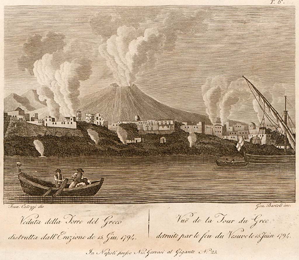 Vesuvius eruption 15 June 1794. View of Torre del Greco destroyed in the eruption drawn by Francesco Catozzi and engraved by Gennaro Bartoli.
See Della Torre, Nicola Filomarino, 1805. Raccolta di tutte le vedute che esistevano nel gabinetto del Duca Della Torre rappresentanti l'eruzioni del Monte Vesuvio fin oggi accadute. Napoli: Nicola Gervasi, Tav. XVIII.
See book on E-RARA