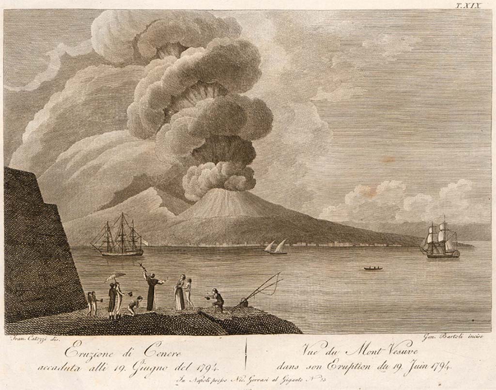 Vesuvius eruption 19 June 1794. Ash eruption drawn by Francesco Catozzi and engraved by Gennaro Bartoli.
See Della Torre, Nicola Filomarino, 1805. Raccolta di tutte le vedute che esistevano nel gabinetto del Duca Della Torre rappresentanti l'eruzioni del Monte Vesuvio fin oggi accadute. Napoli: Nicola Gervasi, Tav. XIX.
See book on E-RARA