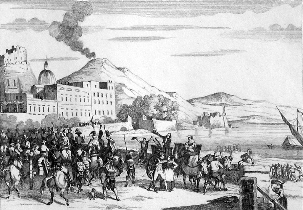 Vesuvius 1799. Old engraving showing the entry of the French into Naples below a smoking Vesuvius.