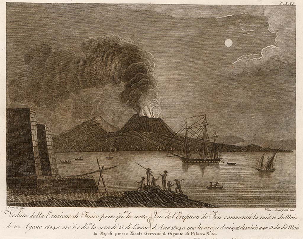 Vesuvius eruption 12 August 1804. “View of the eruption of fire on the night of 12 August 1804 at 6 o'clock and drawn on the evening of the 13th of the said month.”
Drawn by (Francesco?) Catozzi and engraved by Vincenzo Scarpati.
See Della Torre, Nicola Filomarino, 1805. Raccolta di tutte le vedute che esistevano nel gabinetto del Duca Della Torre rappresentanti l'eruzioni del Monte Vesuvio fin oggi accadute. Napoli: Nicola Gervasi, Tav. XXI.
See book on E-RARA