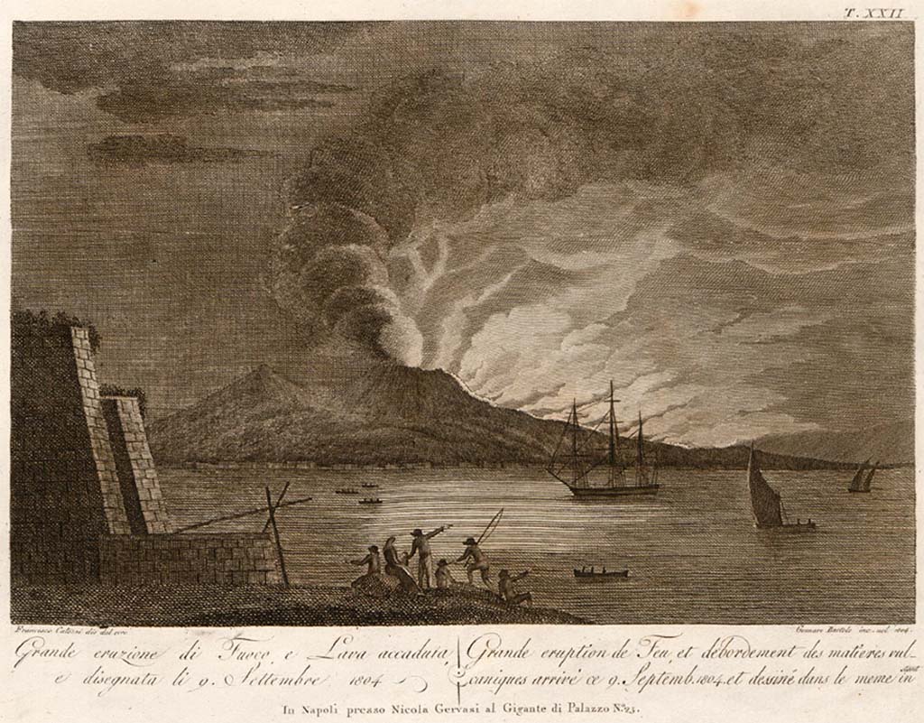 Vesuvius eruption 9 September 1804. “Great eruption of fire and lava occurred and drawn on 9th September 1804”.
Drawn by Francesco Catozzi “dal vero” and engraved by Gennaro Bartolo in 1804.
See Della Torre, Nicola Filomarino, 1805. Raccolta di tutte le vedute che esistevano nel gabinetto del Duca Della Torre rappresentanti l'eruzioni del Monte Vesuvio fin oggi accadute. Napoli: Nicola Gervasi, Tav. XXII.
See book on E-RARA