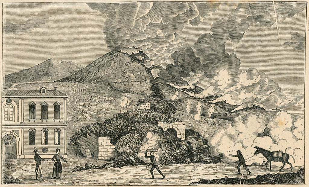 Vesuvius eruption 1805. “Idea dello spettacolo che presentava il vulcano in questa occasione”. 1880 drawing by Luigi Palmieri.
See Palmieri L., 1880. Il Vesuvio e la sua storia. Milano: Tipografia Faverio, fig. 11.
See book on E-RARA