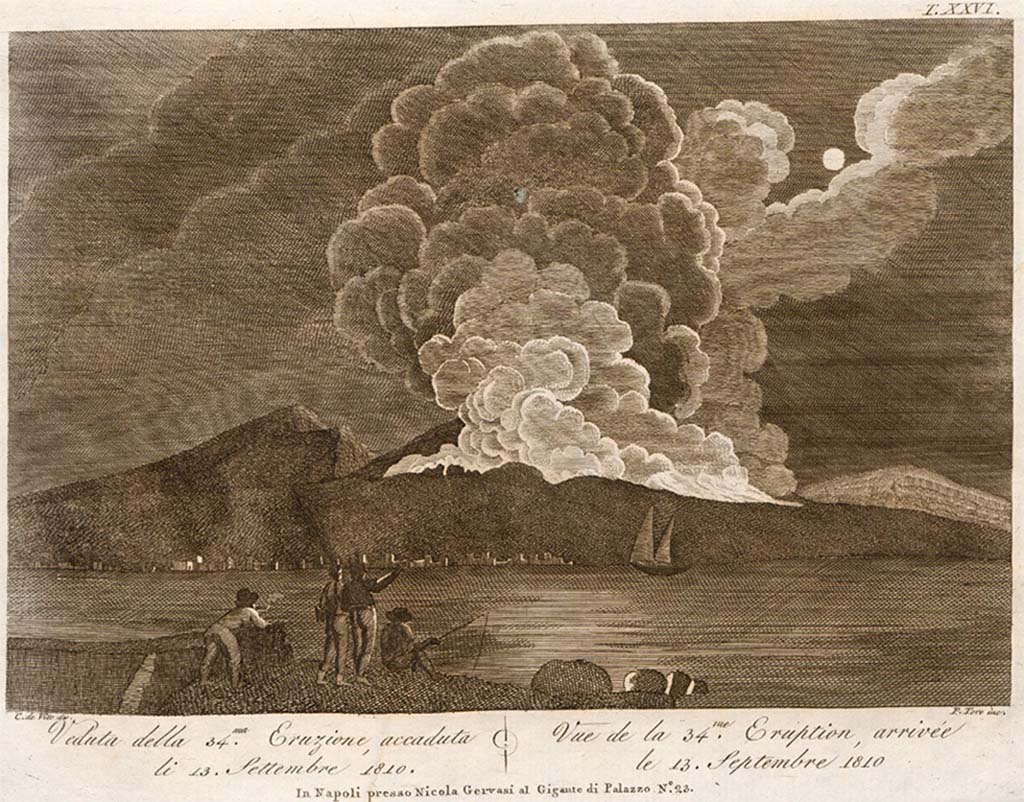 Vesuvius eruption 13 September 1810. Drawn by C di Vito engraved by P Toro.
See Della Torre, Nicola Filomarino, 1805. Raccolta di tutte le vedute che esistevano nel gabinetto del Duca Della Torre rappresentanti l'eruzioni del Monte Vesuvio fin oggi accadute. Napoli: Nicola Gervasi, Tav. XXVI.
See book on E-RARA