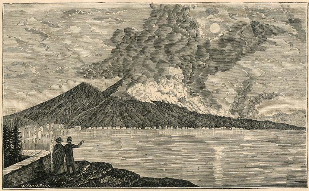 Vesuvius eruption 1810. “Altre fasi ed altre lave si ebbero nel 1806 e pare che l ’attività eruttiva proseguisse fino al 1810, secondo la testimonianza del Zorda e dell ’ Auldjo”. 1880 drawing by Luigi Palmieri.
See Palmieri L., 1880. Il Vesuvio e la sua storia. Milano: Tipografia Faverio, fig. 12.
See book on E-RARA