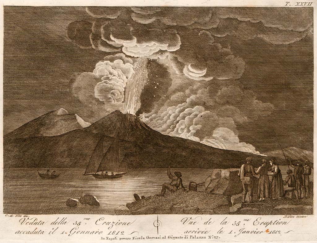 Vesuvius eruption 1 January 1812. Drawn by C di Vito engraved by P Toro.
See Della Torre, Nicola Filomarino, 1805. Raccolta di tutte le vedute che esistevano nel gabinetto del Duca Della Torre rappresentanti l'eruzioni del Monte Vesuvio fin oggi accadute. Napoli: Nicola Gervasi, Tav. XXVII.
See book on E-RARA