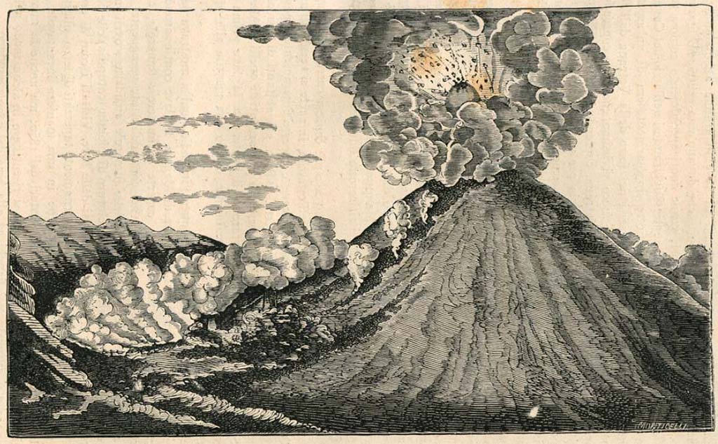 Vesuvius eruption 1850. 1880 drawing by Luigi Palmieri.
See Palmieri L., 1880. Il Vesuvio e la sua storia. Milano: Tipografia Faverio, fig. 16.
See book on E-RARA
