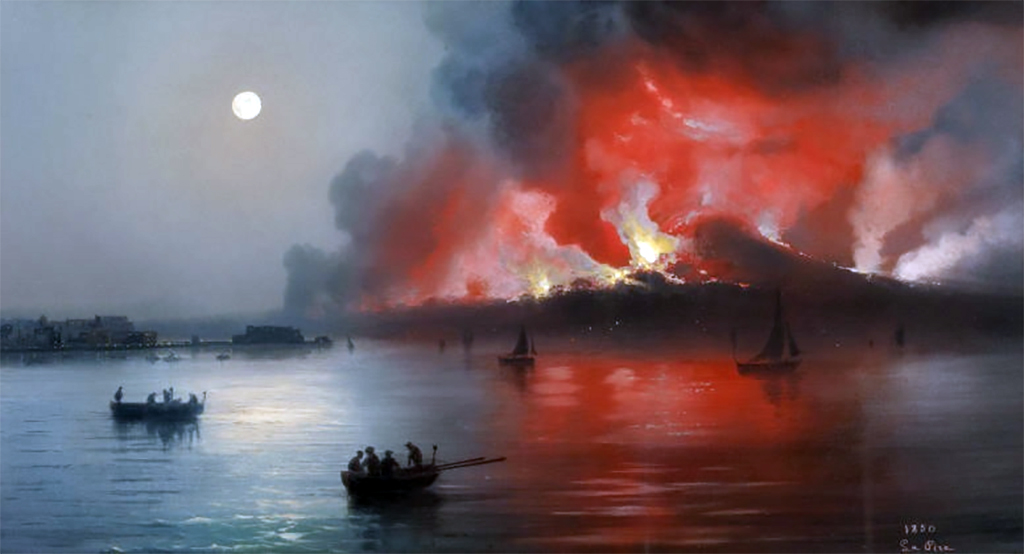 Vesuvius Eruption 1850. Painting by Gioacchino La Pira (1839–1870), Bay of Naples with Vesuvius Erupting , 1850.
