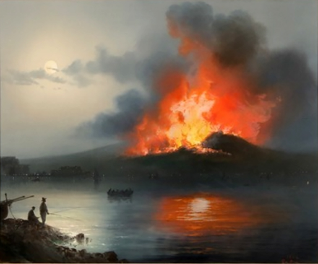 Vesuvius Eruption 1864. Painting by Gioacchino la Pira (1839-1870), Vesuvius in eruption over the Bay of Naples at night 1864.