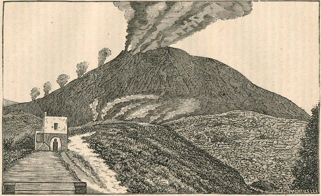 Vesuvius eruption 1871. “Il Vesuvio nell’aprile 1871: Veduta presa dall’Osservatorio. 1880 drawing by Luigi Palmieri.
See Palmieri L., 1880. Il Vesuvio e la sua storia. Milano: Tipografia Faverio, fig. 18.
See book on E-RARA