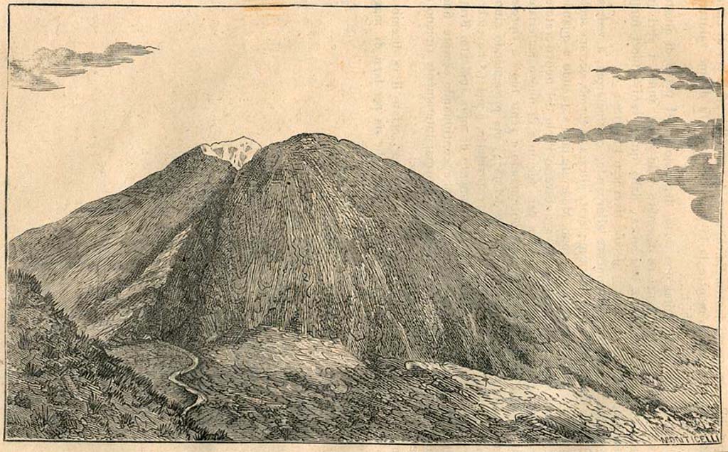 Vesuvius eruption 1872. Vesuvius after the 26 Aprile 1872 eruption. 1880 drawing by Luigi Palmieri.
See Palmieri L., 1880. Il Vesuvio e la sua storia. Milano: Tipografia Faverio, fig. 20.
See book on E-RARA