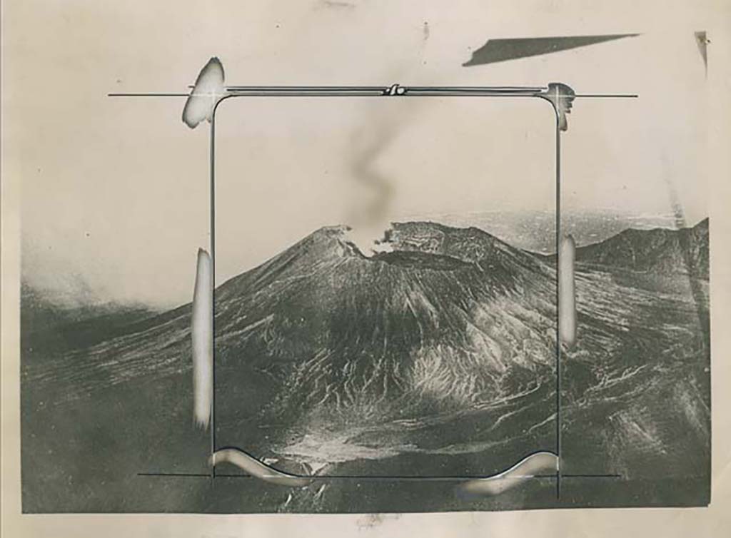 Vesuvius from the air “in one of its slumbering moments”. Press photo dated 10th April 1923 on rear.
Photo courtesy of Rick Bauer.
On the back it says: “An airplane view of Vesuvius.
This striking view, taken from an airplane, shows Mt. Vesuvius in one of its slumbering moments with just a wisp of steam coming from the crater”.