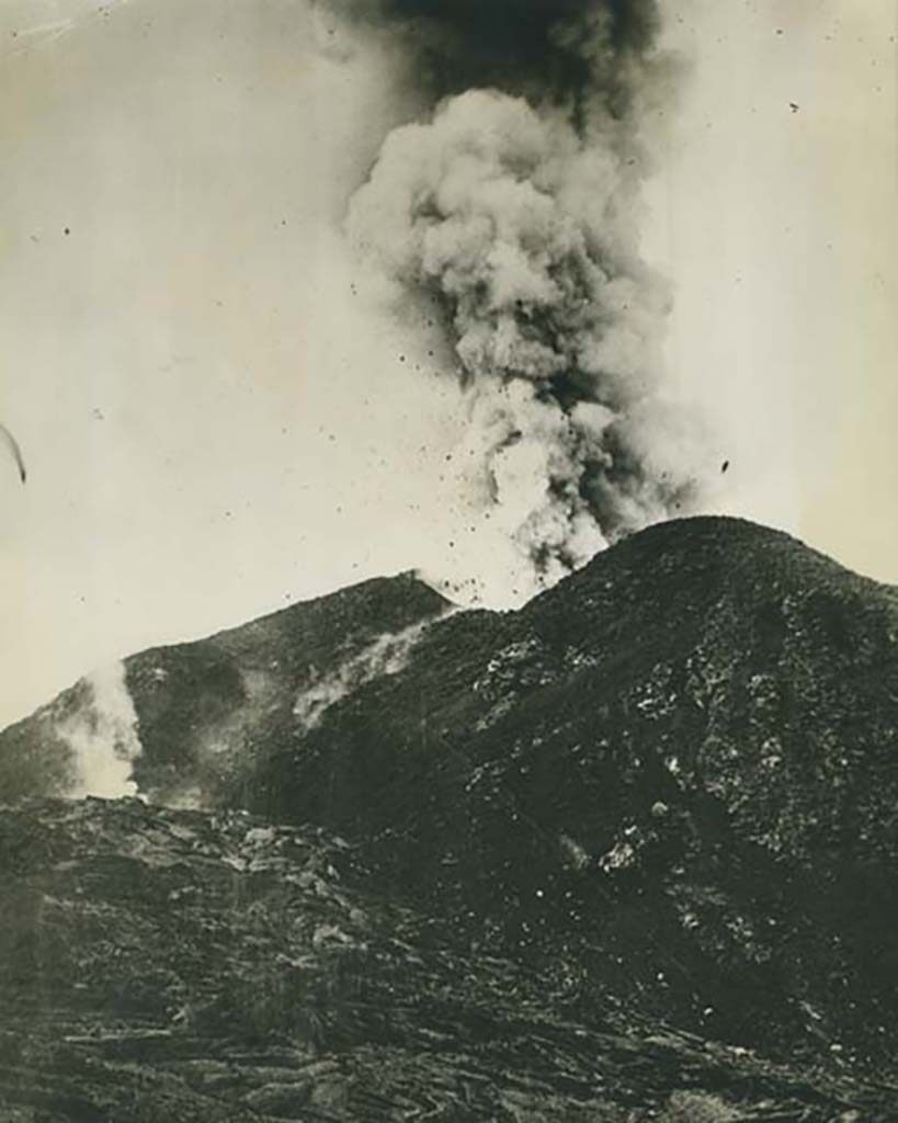 Vesuvius.1929 press photo. Vesuvius again in eruption - Lava threatens towns of Terzigno, Bosco and Trecase.
Photo courtesy of Rick Bauer.
On the rear of the photo it says
“Vesuvius again in eruption - Lava threatens towns.
Naples, Italy. Derzigno, Bosco, and Crecase, three towns on the side of Mt. Vesuvius, located with a mile of the central crater of the volcano, are reported as in the path of a towering wall of incandescent lava, that is pushing down Vesuvius side as a result of a new eruptive ……..”