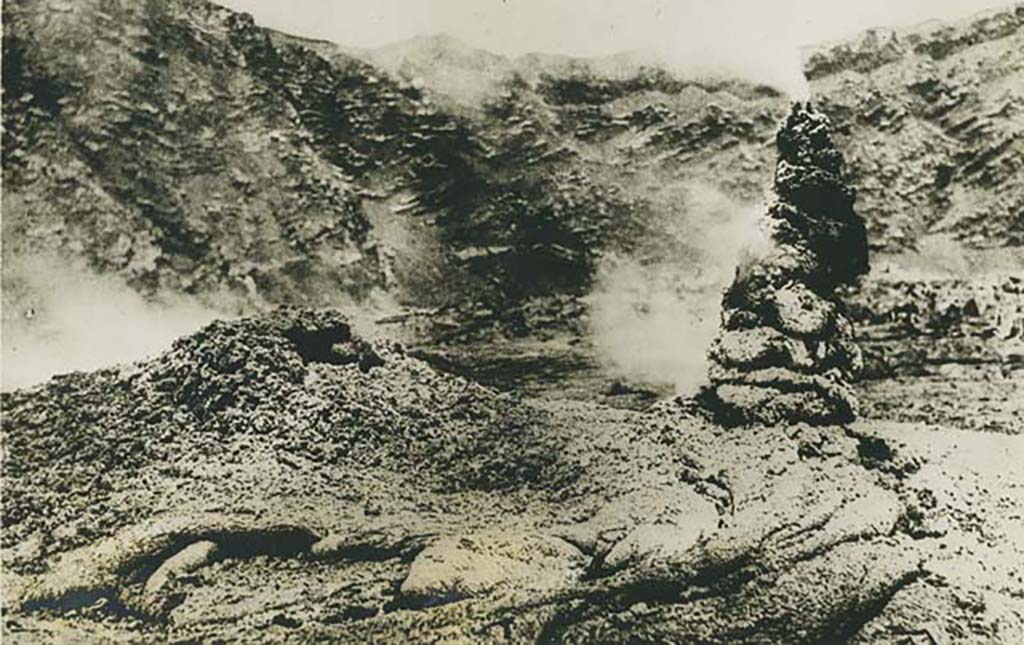 Vesuvius. 30th July 1930 press photo. New crater formed on Mt. Vesuvius.
On the rear of the photo it says:
“New crater formed on Mt. Vesuvius.
A new cone formed by the strange lava which has come forth from Mt. Vesuvius during its recent eruptions.
Volcano eruptions were followed by earthquakes which took toll of 15,000 lives in Italian cities”.
Photo courtesy of Rick Bauer.